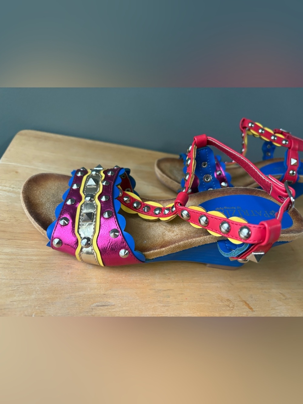 Patrizia Colorful Studded Wedge Sandals Size 37 EU Boho Festival Ankle Strap - Picture 8 of 9